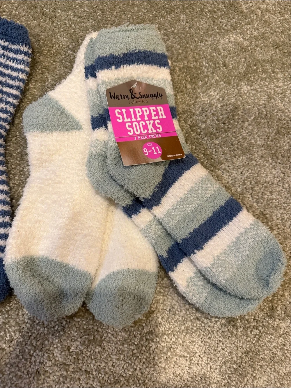 Cozy Slipper Socks - Blue & White Striped - 3-Pack